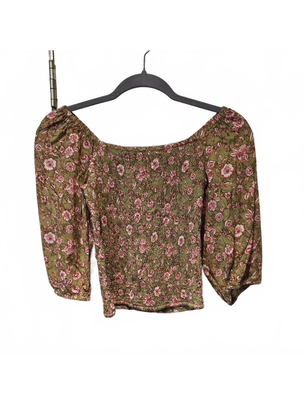 Jessica Simpson Floral Pink and Green Smocked Blouse Size XS